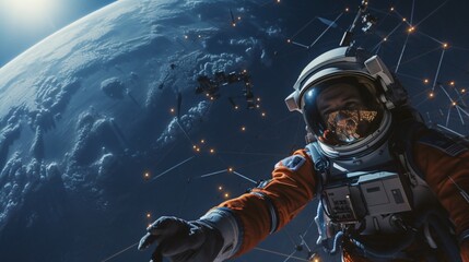 The satellites are arranged in order and in a star chain. There is an astronaut floating in space...