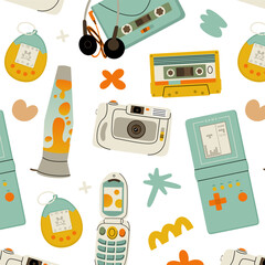 Seamless pattern of y2k gadgets. Elements from the 90s in a modern style. Vector illustration isolated on transparent background.