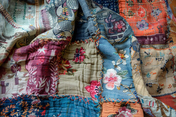 Close up on a patchwork of vintage textiles