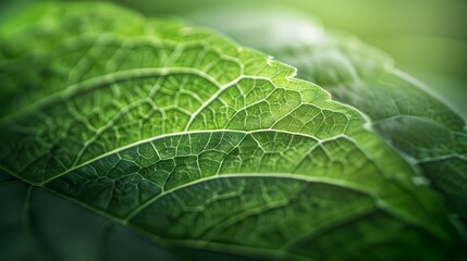 A soft focus on the exuberant texture of a leaf, in a green abstract background, offers a close-up nature image.