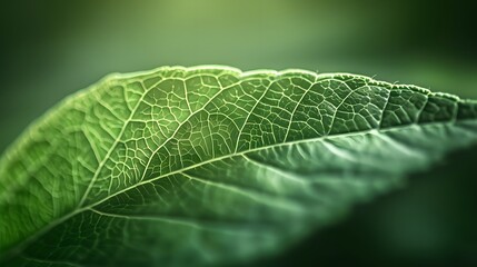 A soft focus on the exuberant texture of a leaf, in a green abstract background, offers a close-up nature image.