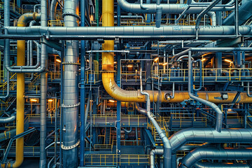 Close view of a refinerys complex piping