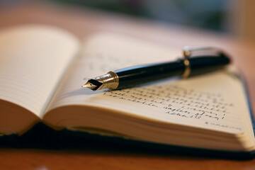 Close view of an elegant pen resting on an open diary personal reflections