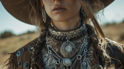 A lone wanderer donning an otherworldly silver attire adorned with lariat necklaces and moonstone rings evoking a sense of mystical power. . - obrazy, fototapety, plakaty