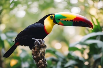 'colorful toucan bird costa colombia rainforest beak colourful rain venezuela fly america latin park tropical green conservation red central yellow tree feather outside keel black protection forest' - obrazy, fototapety, plakaty