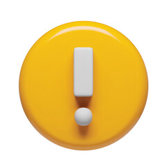White exclamation mark symbol in yellow glossy circle. Exclamation icon with 3d effect. Warning attention mark realistic symbol three-dimensional rendering vector illustration