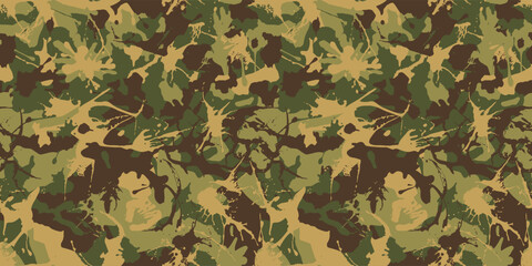 Grunge stroke camouflage, modern fashion design. Camo dry brush military pattern. Army uniform, fashionable fabric print. Vector seamless khaki green texture - 792301159