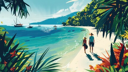 Naklejka premium Illustration of people traveling and having fun in Raja Ampat, Generative AI