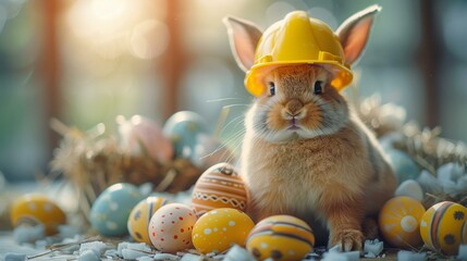 construction helmet-clad Easter bunny, festive construction scene, vibrant eggs as tools, cheerful mood, morning sunlight, AI Generative - obrazy, fototapety, plakaty
