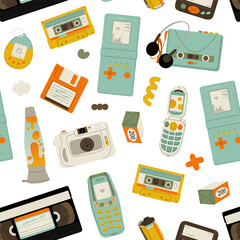 Seamless pattern of y2k gadgets. Elements from the 90s in a modern style. Vector illustration isolated on transparent background.