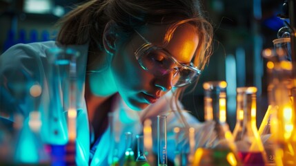 Surrounded by bubbling flasks and colorful solutions a female chemist leans in close to closely examine a test tube her hand steadying the flame of a Bunsen burner. . - obrazy, fototapety, plakaty