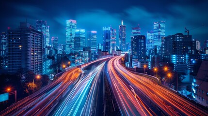 Dynamic urban lights, long exposure reveals swirling trails in the night, an abstract vision of speed and movement, AI Generative