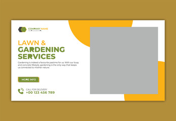 Lawn care and farming service YouTube thumbnail design, modern lawn mower garden, or landscaping service with abstract green and yellow color shapes for social media cover, post, web banner template