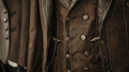 A dark brown suit with a leather trim and silver bullet accents giving off a rugged yet refined vibe. .