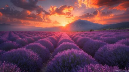 Lavender field basking in sunset's glow, vibrant purples and warm oranges, tranquil, AI Generative - obrazy, fototapety, plakaty