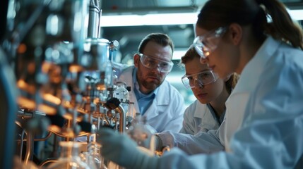 Obraz premium A group of researchers huddled around a portable biofuel production unit eagerly monitoring its output while discussing ways to improve its efficiency. .