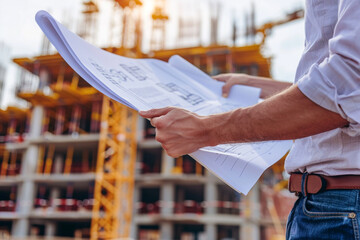 Close-up of a civil engineer's hands examining blueprints at a construction site, with cranes and scaffolding in the background