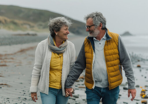happy senior couple walking on the beach, wearing cardigan and yellow vest sweater, grey hair woman with scarf around neck