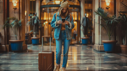 Busy female traveler managing her itinerary on her phone while pulling her suitcase through a hotel lobby, staying organized on the go.