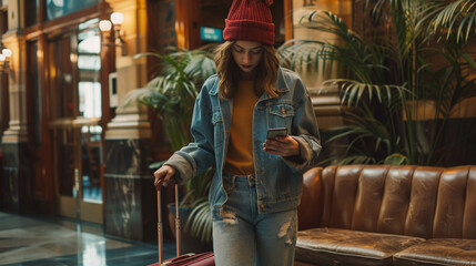 Busy female traveler managing her itinerary on her phone while pulling her suitcase through a hotel lobby, staying organized on the go.