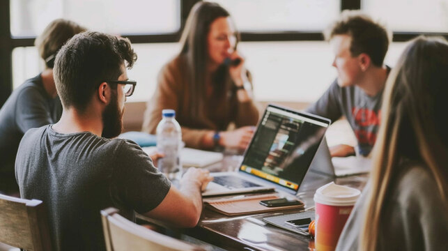 Business professionals strategizing email marketing campaigns in a modern digital agency setting, aiming for impactful customer engagement.