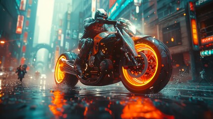 An action scene featuring a man riding a bicycle in a futuristic cyberpunk city. Dynamic scenes with motorcycle riding in a blockbuster style action movie.