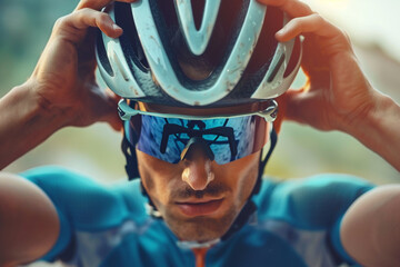Close-up of a cyclist adjusting the helmet before a ride, safety and anticipation in the action - obrazy, fototapety, plakaty
