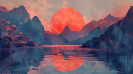 Traditional Chinese style lakeside sunrise scenery illustration poster background - obrazy, fototapety, plakaty
