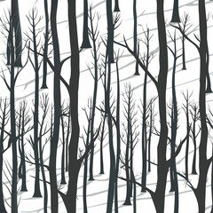 Dense Winter Woods, Silhouetted Trees and Shadows in Snowy Landscape