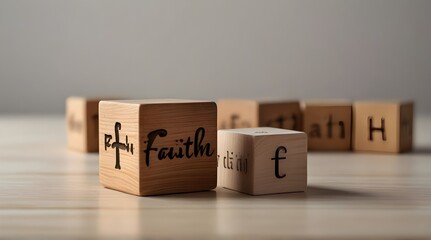 Faith symbol. Turned wooden cube with words Faith. Beautiful white background.generative.ai