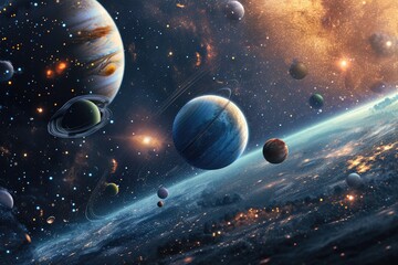 Universe with all the planets, View from space to the planet Earth, galaxies, stars, comet, asteroid, meteorite, nebula, Saturn. Cosmic panorama of the universeAI generated