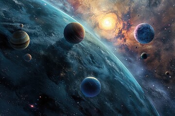 Universe with all the planets, epic dark solar system with all our planets and nebulaes over the...