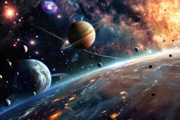 Universe with all the planets, epic dark solar system with all our planets and nebulaes over the...