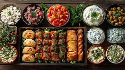 selection of traditional greek food salad meze pie fish tzatziki dolma on wood background top view stock photo - obrazy, fototapety, plakaty