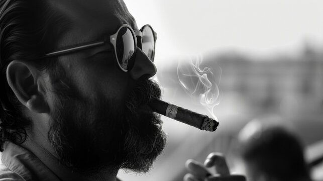 A moody and edgy black and white image of the filmmaker casually smoking a cigar and holding court at a trendy rooftop party oozing sophistication and cool. .