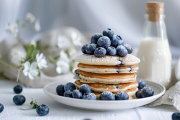 Gluten free pancakes with fresh blueberries on top. Blueberry pancake tower on white round plate. Milk bottle as background. Selective focus - generative ai - obrazy, fototapety, plakaty