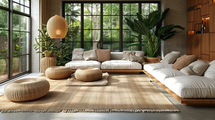 modern interior japandi style design livingroom lighting and sunny scandinavian apartment with plaster and wood d render illustration,art photo