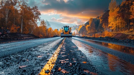 road construction utilizing a roller compactor and asphalt finisher stock photo - obrazy, fototapety, plakaty