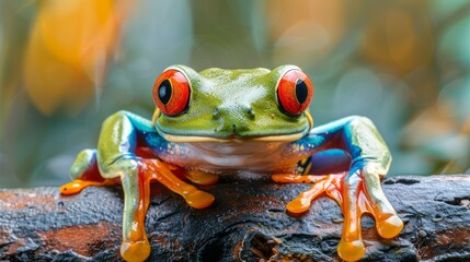 Vibrant Red-eyed Tree Frog (Agalychnis callidryas) found in the lush Costa Rican rainforest, showcasing its captivating emerald body and striking red eyes. - obrazy, fototapety, plakaty