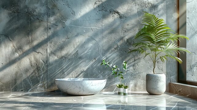 modern minimal empty white marble stone counter table top in sunlight palm foliage leaf shadow on concrete wall background for luxury organic cosmetic skin care stock photo