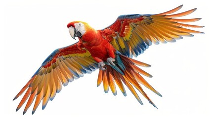 Vivid Scarlet macaw parrot with brightly colored plumage and powerful beak, captured in flight against a white background.