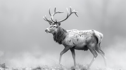 A majestic deer walks through a thick fog, its antlers piercing the misty veil like a beacon of nature's resilience.