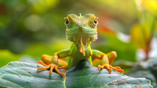 Exotic tropical animal, a green garden lizard calotes calotes, with a detailed eye portrait in its natural green habitat, the Sinharaja forest reserve in Sri Lanka.