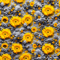 3D sunflowers, seamless pattern, created from AI images.