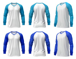 2 Set of men dark light blue turquoise long sleeve Raglan Sleeves white tee t shirt colour block V-neck front, back and side view on transparent cutout, PNG file. Mockup template for artwork design
