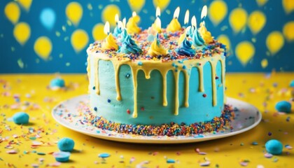 'cake buttercream birthday background confetti sprinkles Yellow colorful blue happy icing decorated party teal 7 homemade frosting celebration food colourf' - obrazy, fototapety, plakaty