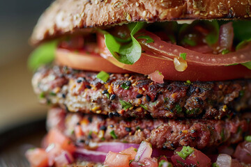 Close-up of a hamburger layered with nutrient-packed ingredients a fusion of taste and health food-grade certified - obrazy, fototapety, plakaty