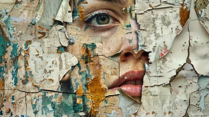 Old wall art design, abandoned old wrinkled, torn torn poster background. The remains of a torn poster with a woman's face on the wall and oil paint on the wall. - obrazy, fototapety, plakaty