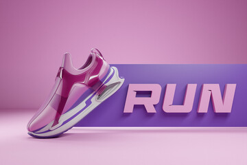 3d illustration  purple new sports sneakers  on a huge foam sole, sneakers in an ugly style. Fashionable sneakers.