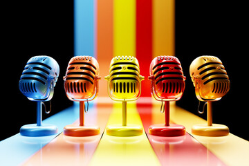 Multi-colored microphones ion black background; 3d illustration. music award; karaoke; radio sound...